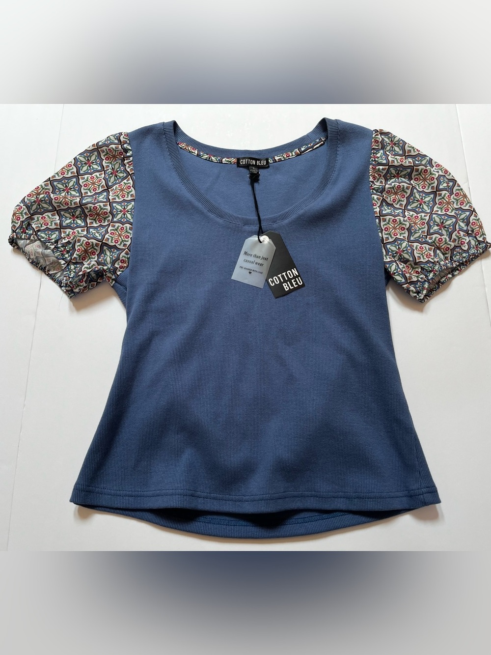 Cotton Bleu Floral Puff Sleeve Romantic NWT Size Large
